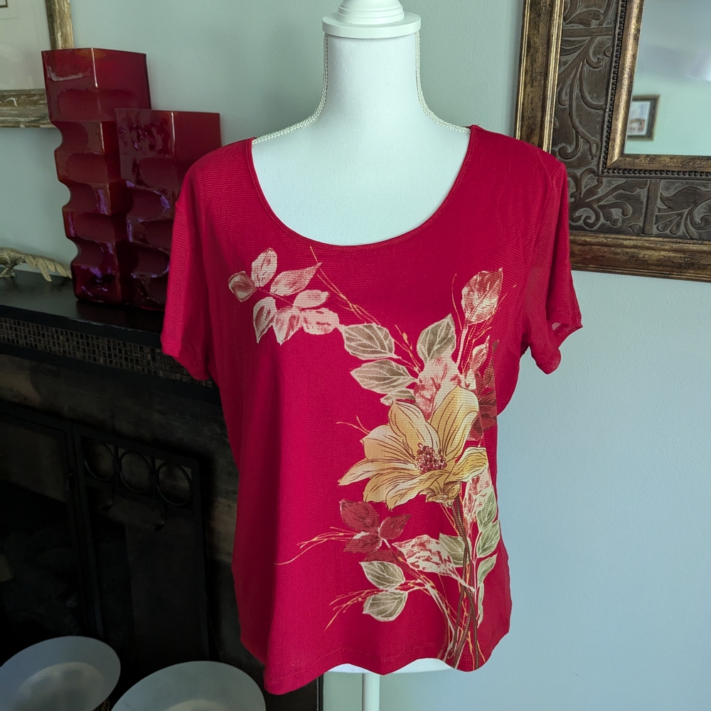 Y2K Emma James Women’s XL Mesh Floral Top Red Yellow Green Short Sleeve